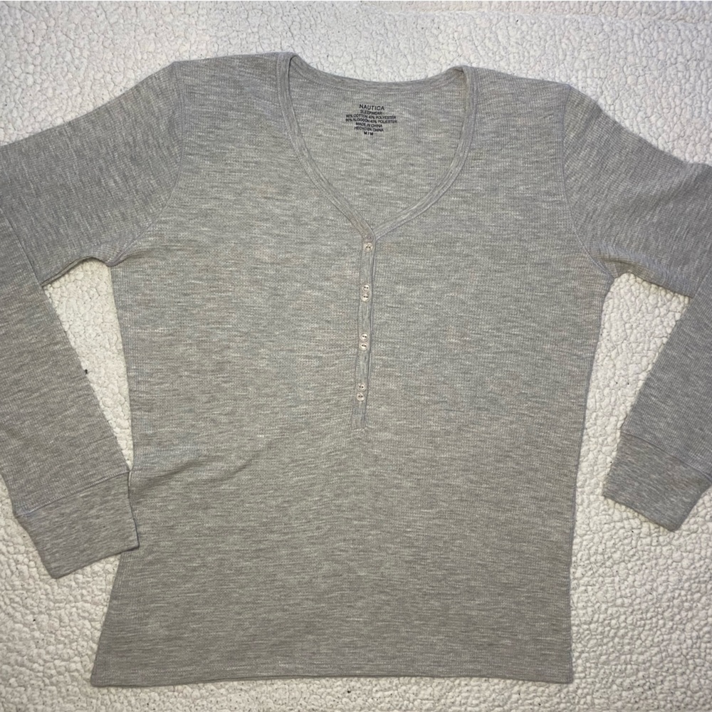 Nautica Sleepwear Medium Long Sleeve Buttoned Pleated Round Neck Pajama Shirt#13